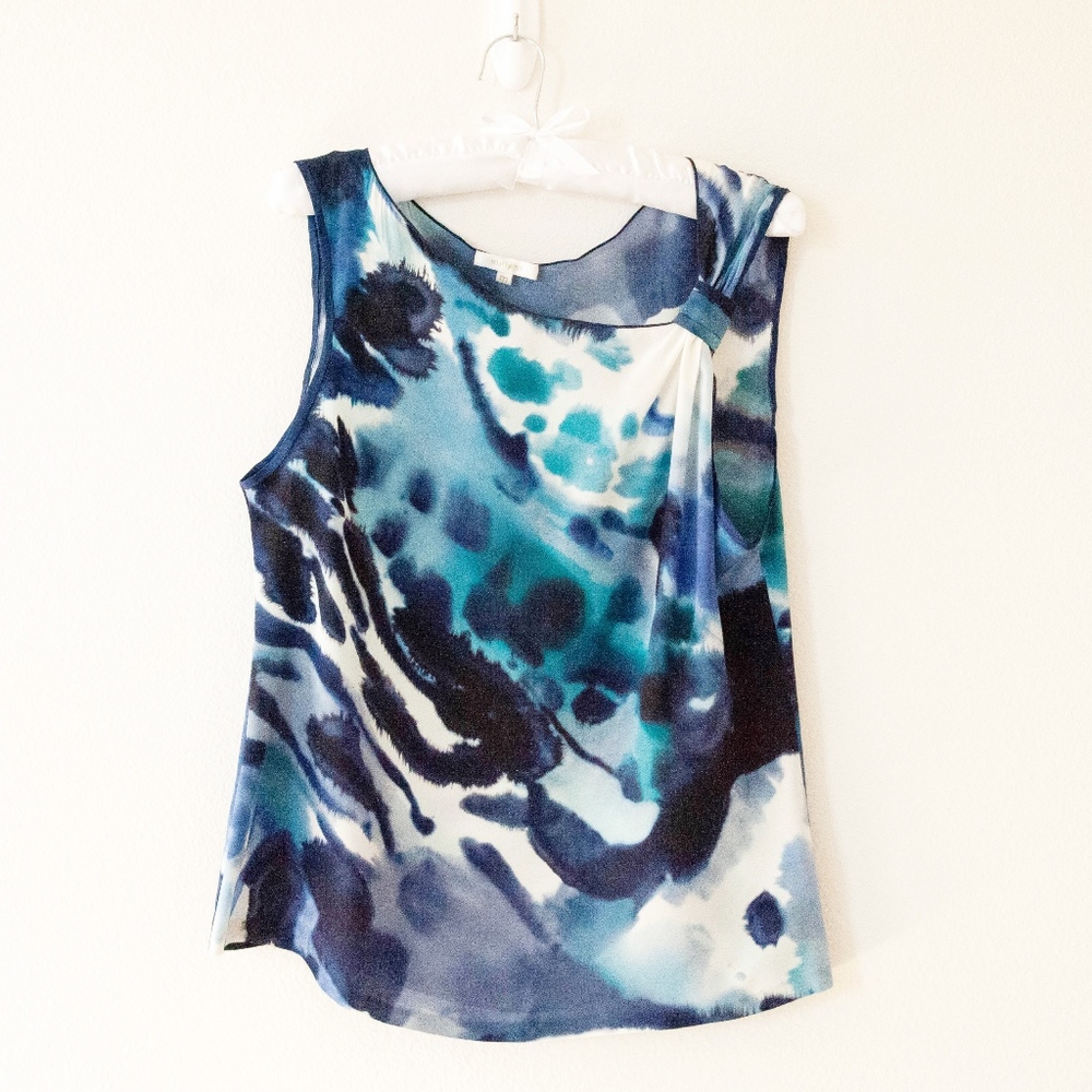 Matty M 100% Silk Watercolor Blue Teal Top Sz Med